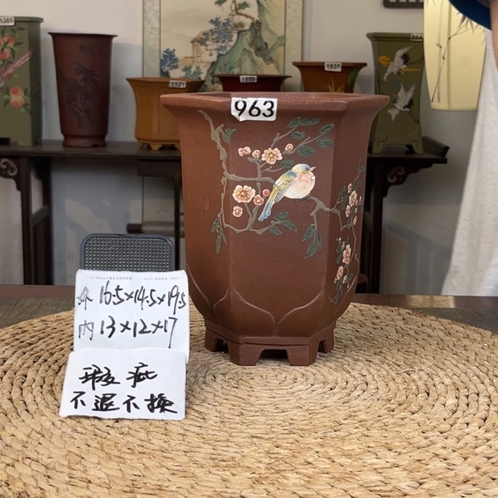 花盆紫砂  瑕疵紫泥手绘莲花六方963