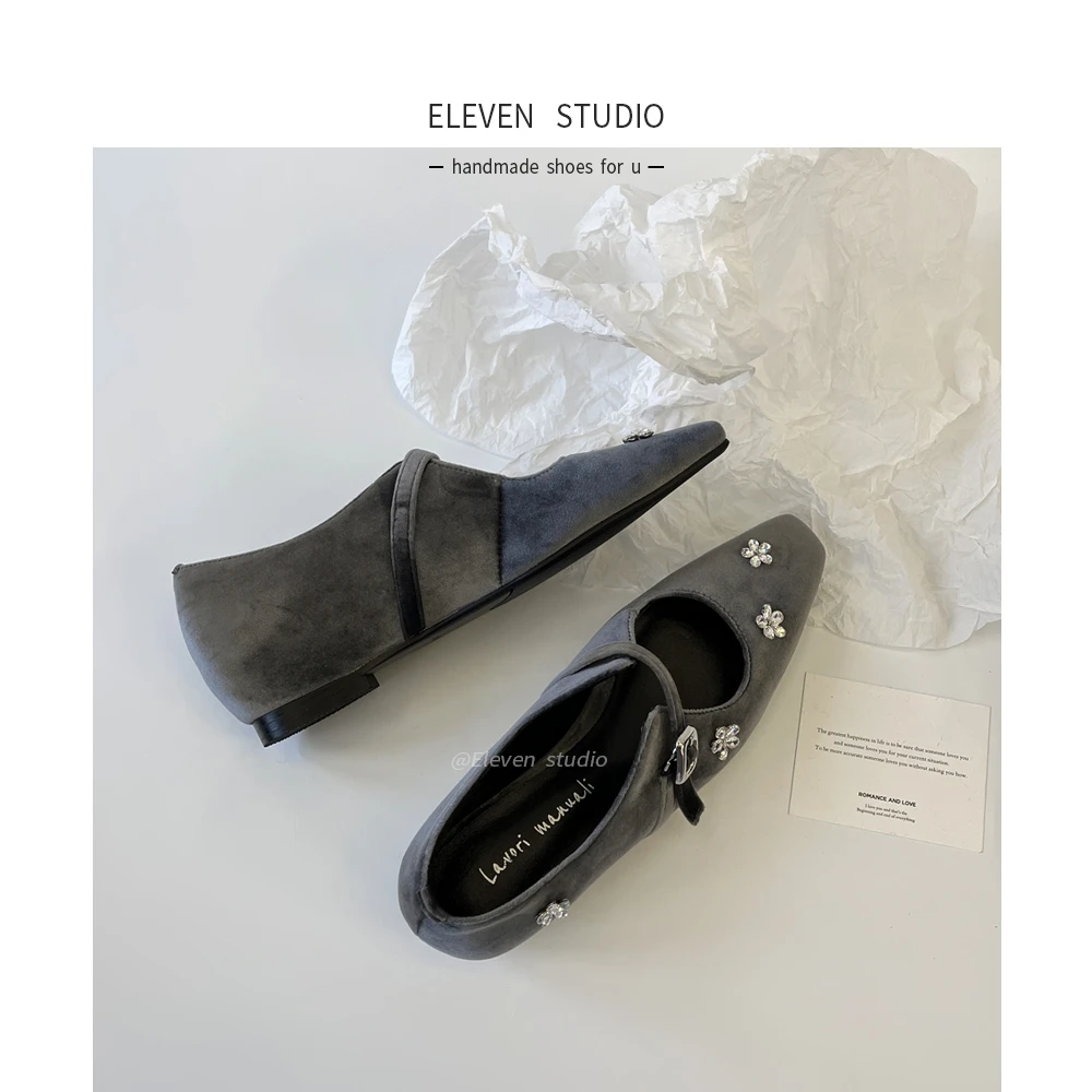 【Eleven‘shoes】4.5CM 水钻花朵小众设计感法式单鞋/桔梗