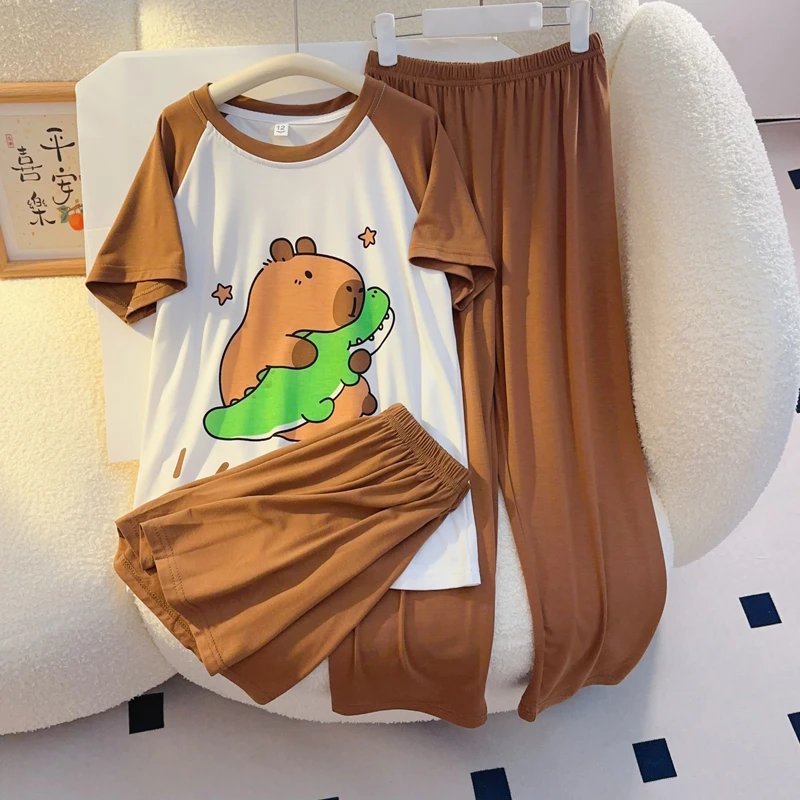 短袖短裤长裤女童睡衣夏季莫代尔卡通卡皮巴拉中大童儿童三件套