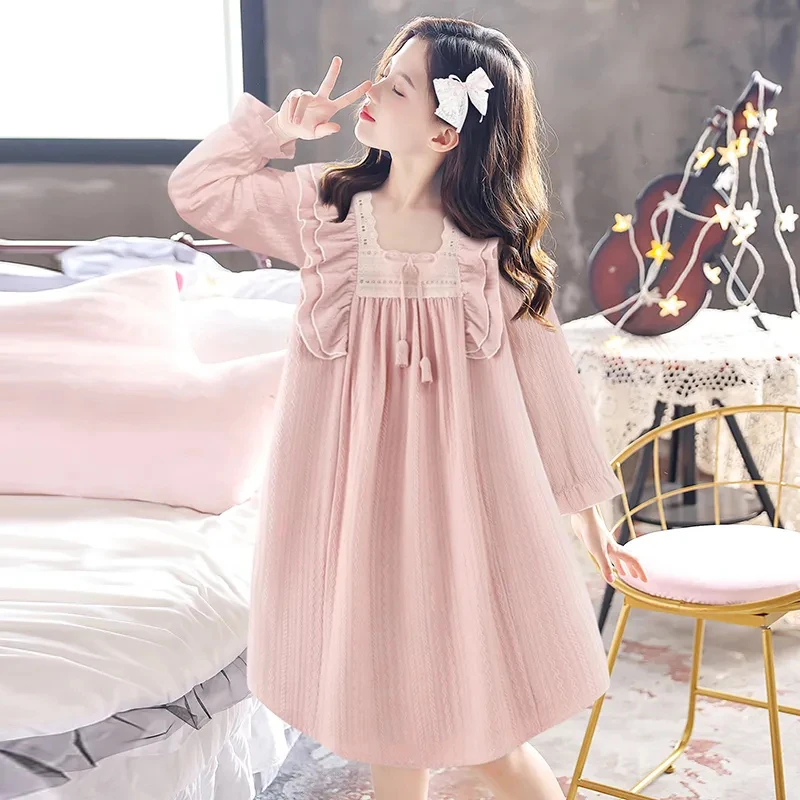 女童长袖纯棉方领睡衣公主风小女孩家居服春秋款中大童亲子装裙子