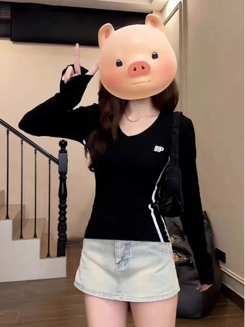 春秋季新款原宿风小众美式v领内搭打底衫女修身运动长袖T恤上衣