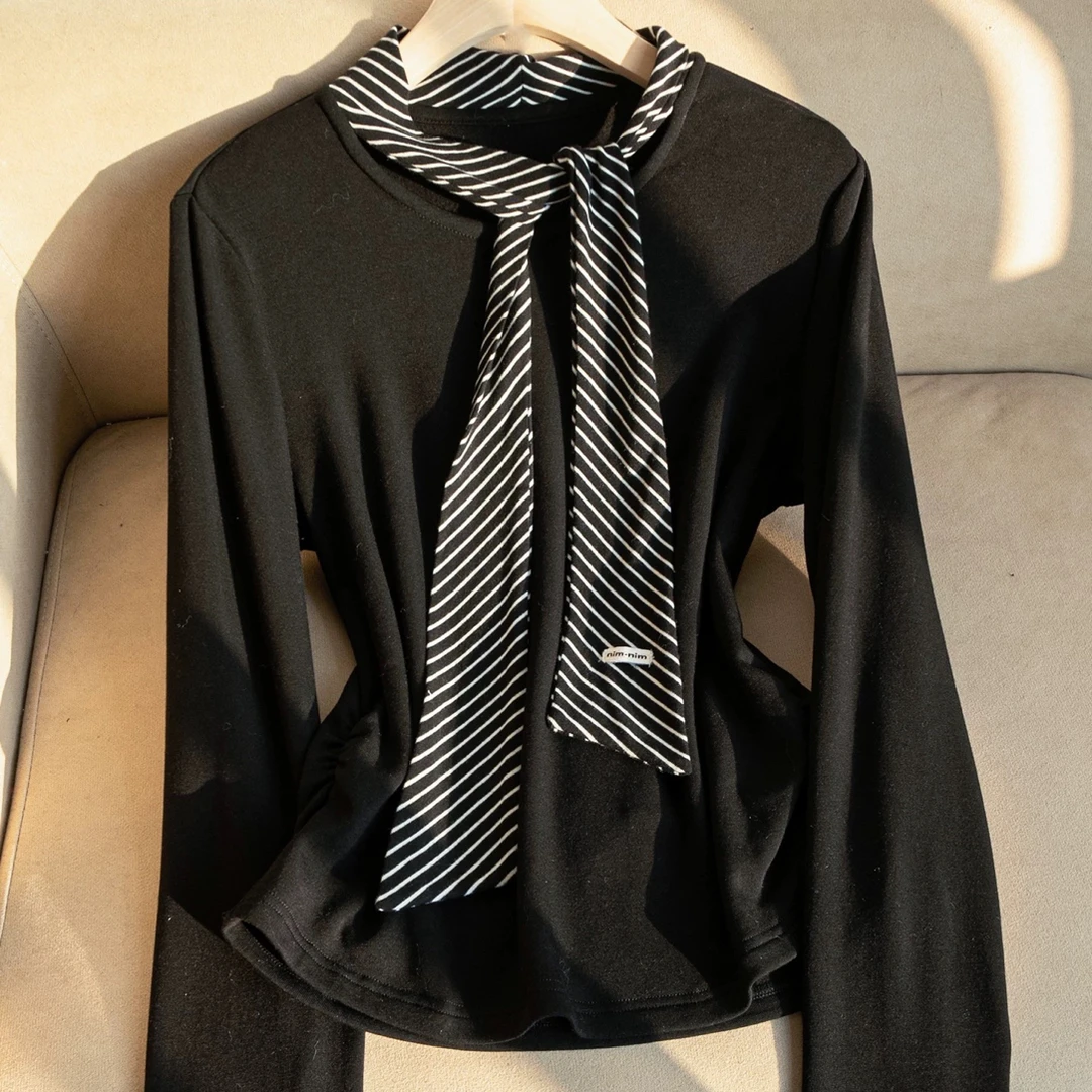 俪米1008冬季新品显瘦弹性针织衫飘带针织打底上衣