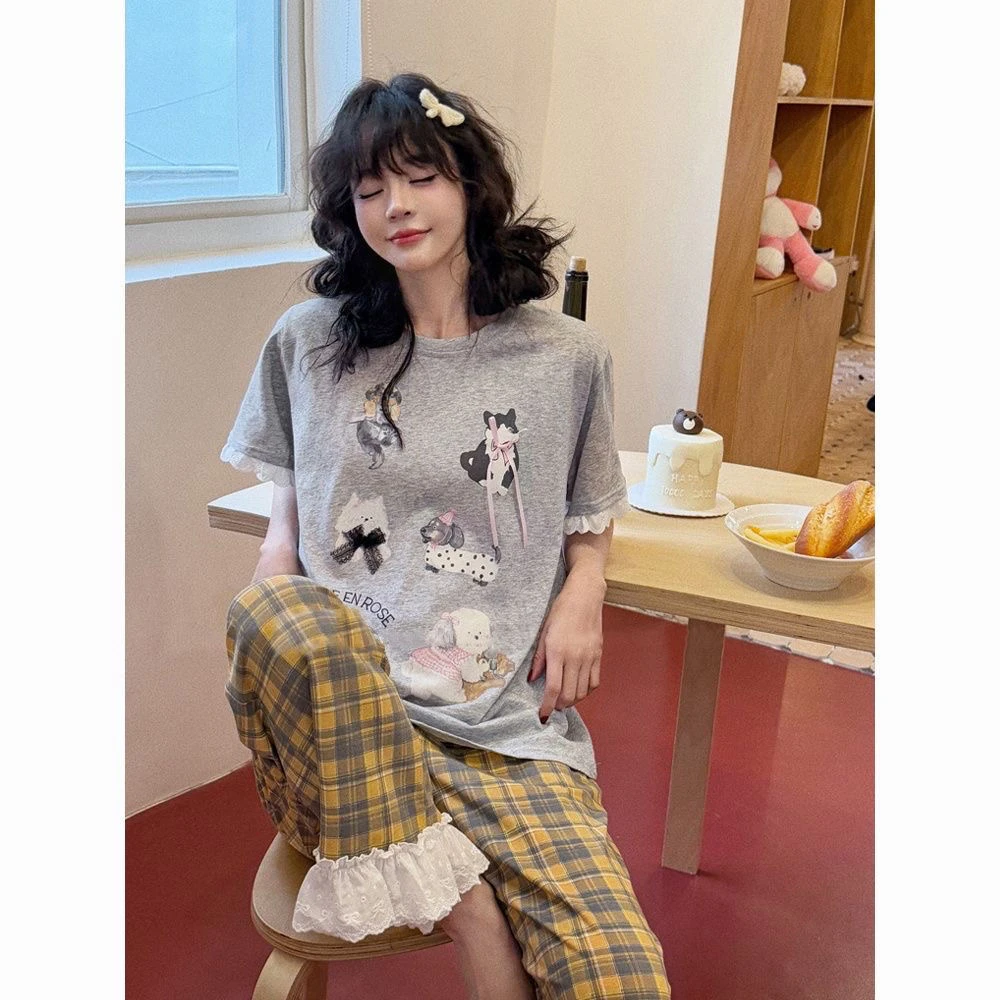 女士夏季短袖长裤睡衣舒适可外穿卡通可爱睡衣薄款格子动物家居服