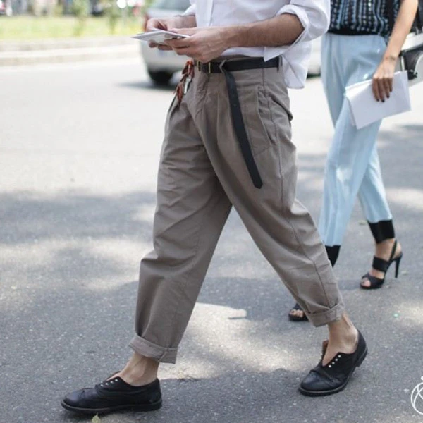 男士休闲裤水洗棉长裤卡其大牌褶皱设计夏季新款宽松小脚裤哈伦裤