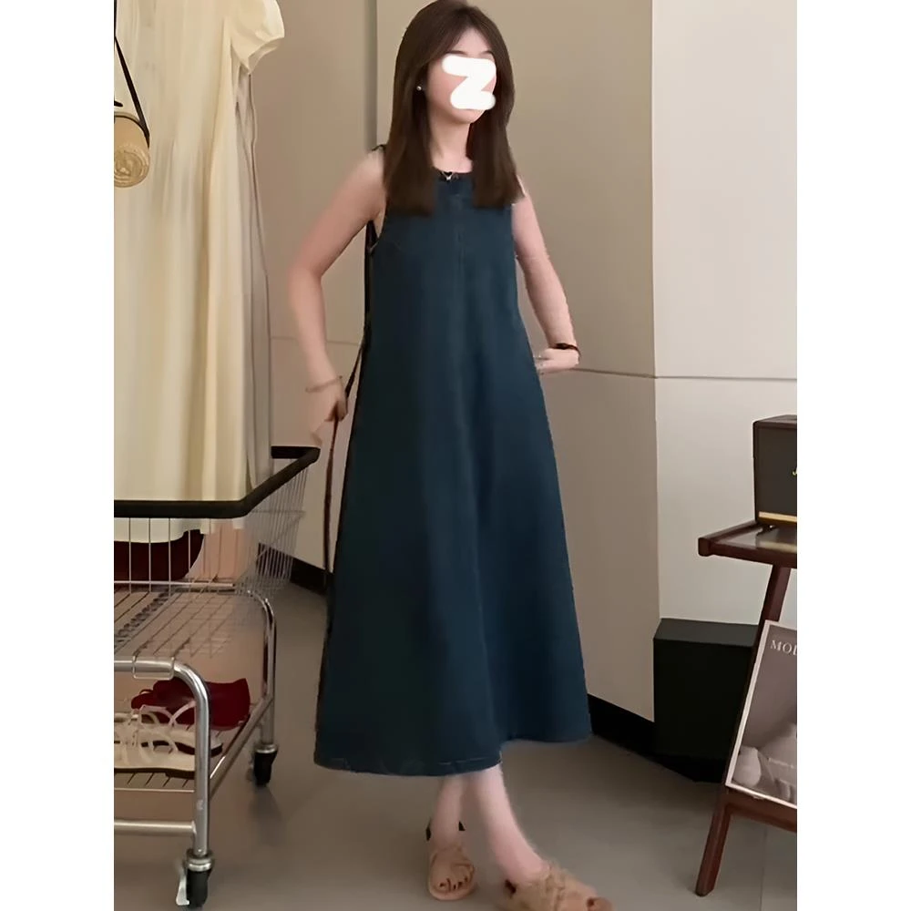 2025春夏新款韩版气质简约无袖连衣裙女复古宽松长裙牛仔背心裙潮
