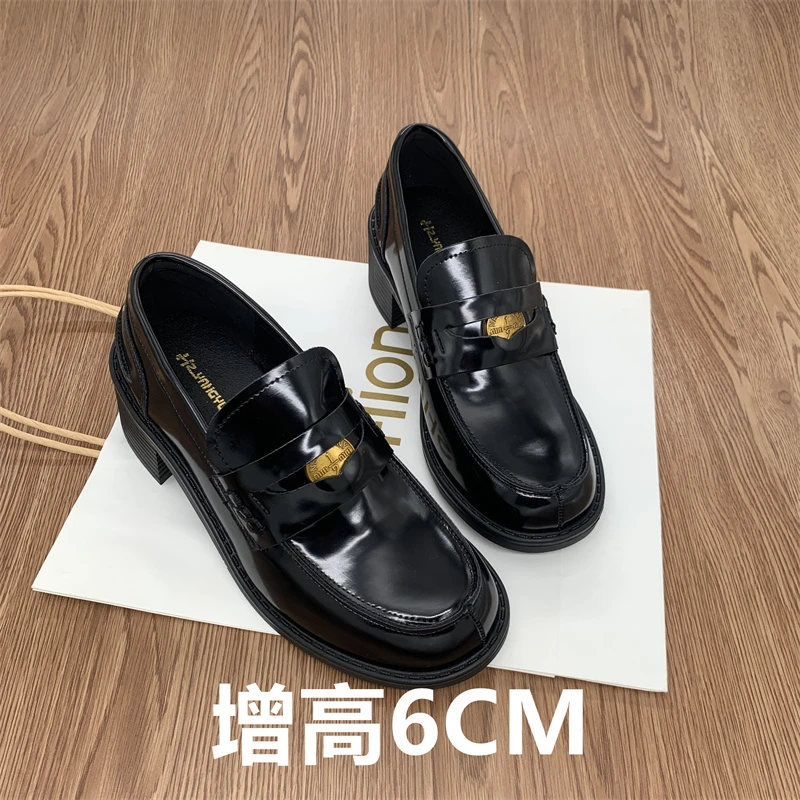 女鞋123~真皮2025春季新款小金币粗跟乐福鞋女小个子增高6CM