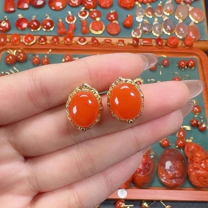 南红玛瑙银S925镶嵌耳饰