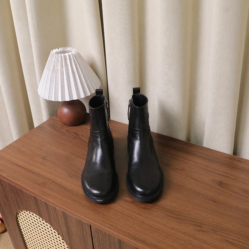 938-6 韩系圆头女靴侧边拉链底跟黑色靴日常百搭款