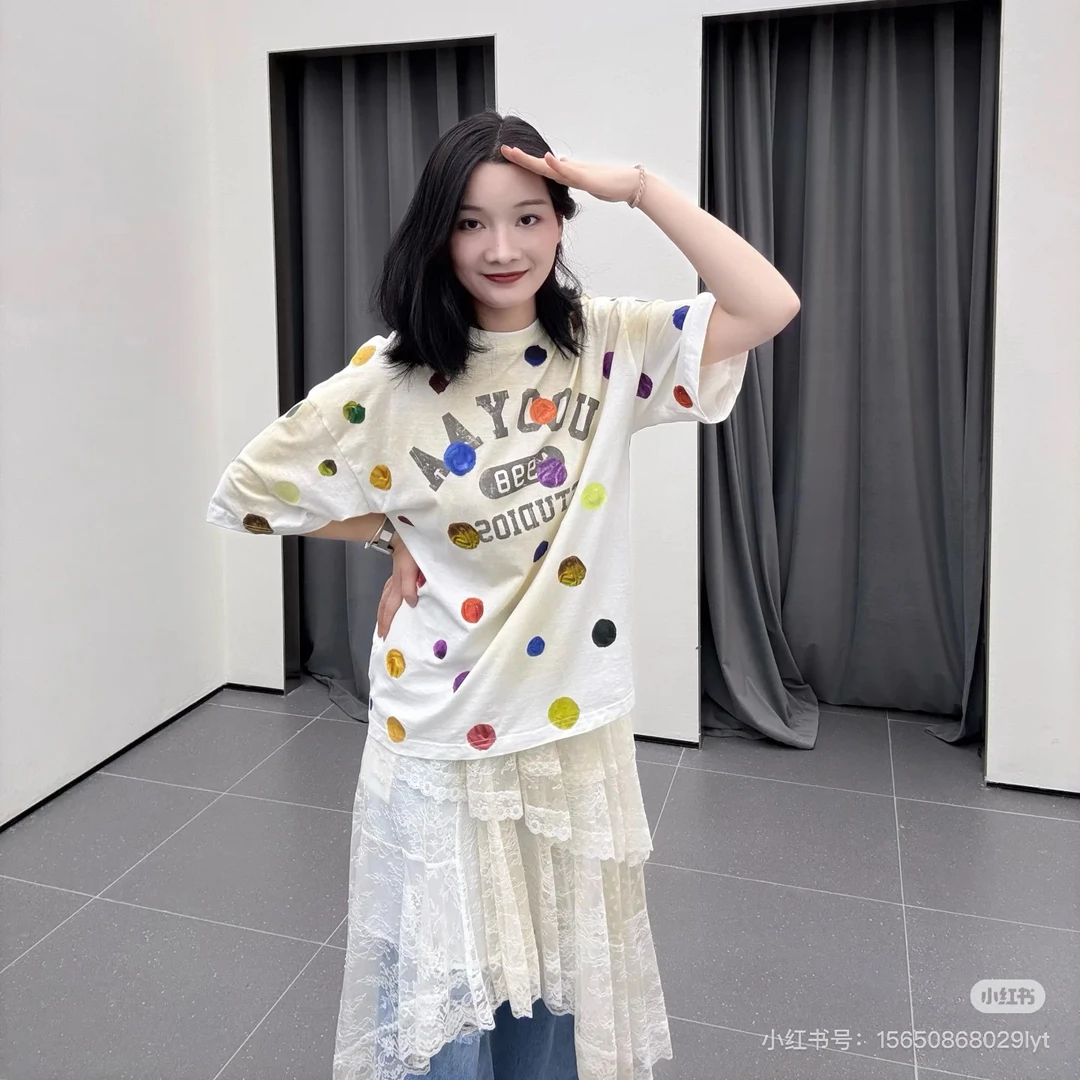 纯尾～油画波点棉麻圆领印花宽松百搭短袖T恤