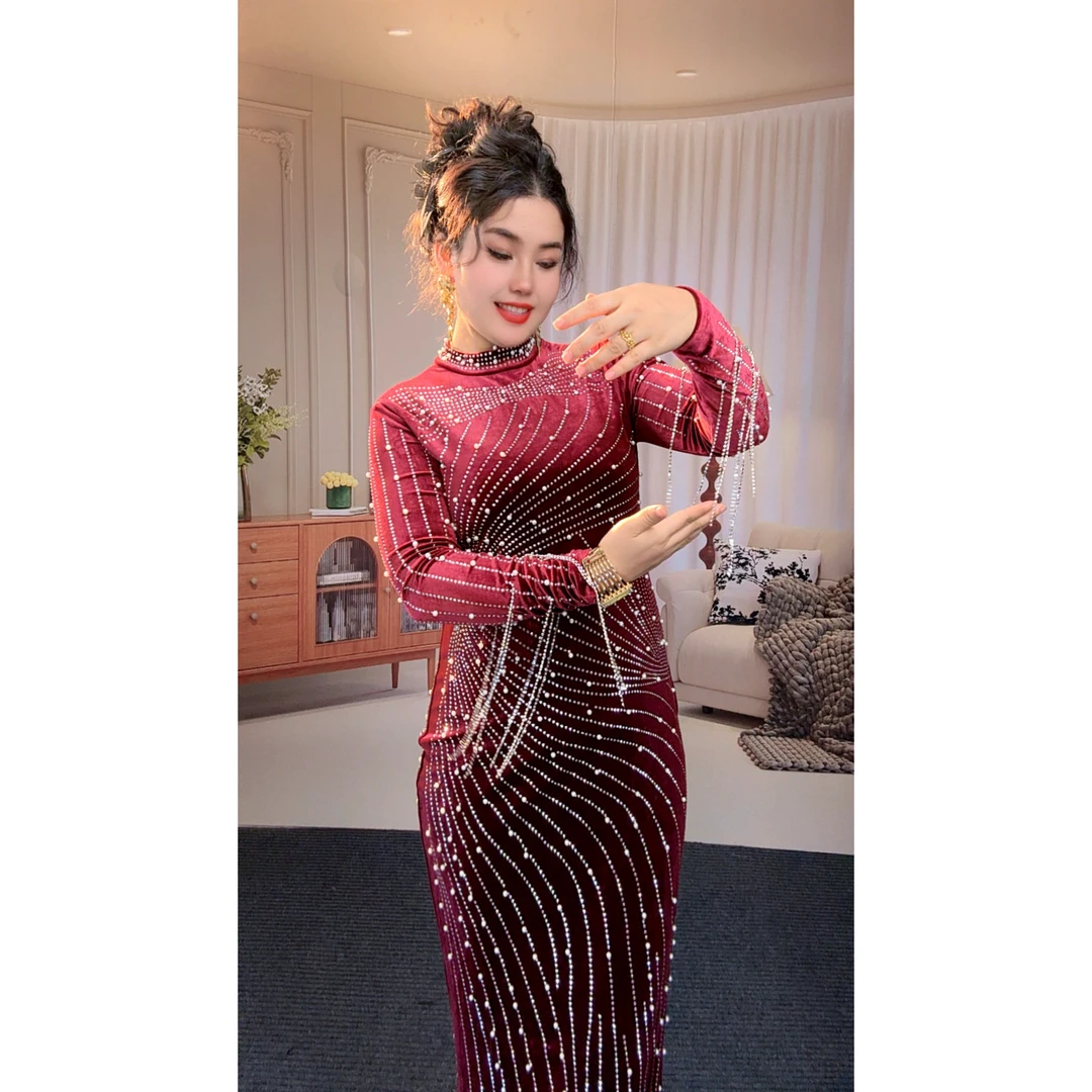 8772【娜子包邮】丝绒流苏钻重工烫钻礼服款女装连衣裙