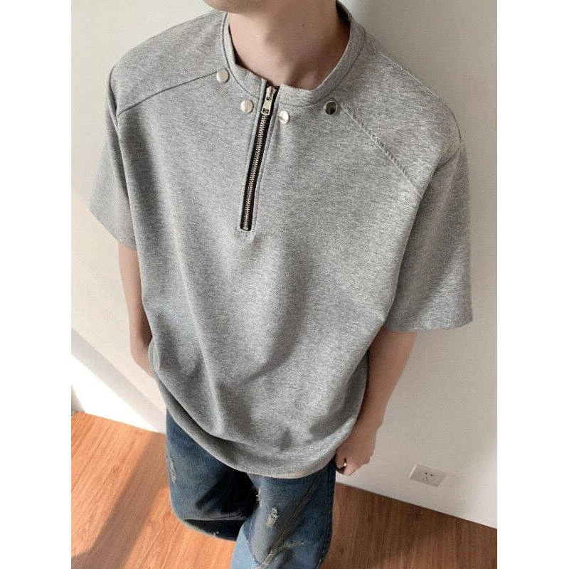 2025潮流半拉链垫肩T恤男款夏季美式休闲复古高街铆钉短袖痞帅