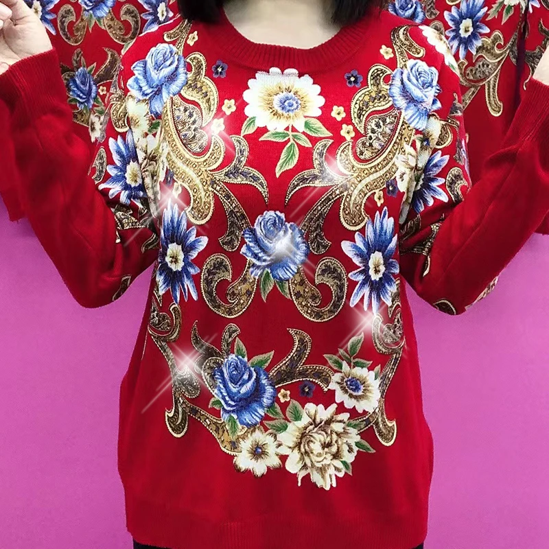 双面德绒时尚妈妈装民族风印花上衣宽松显瘦遮肚红色长袖打底衫女