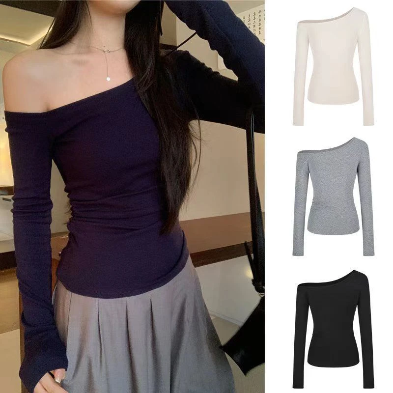 露肩长袖T恤女装早秋百搭打底衫上衣
