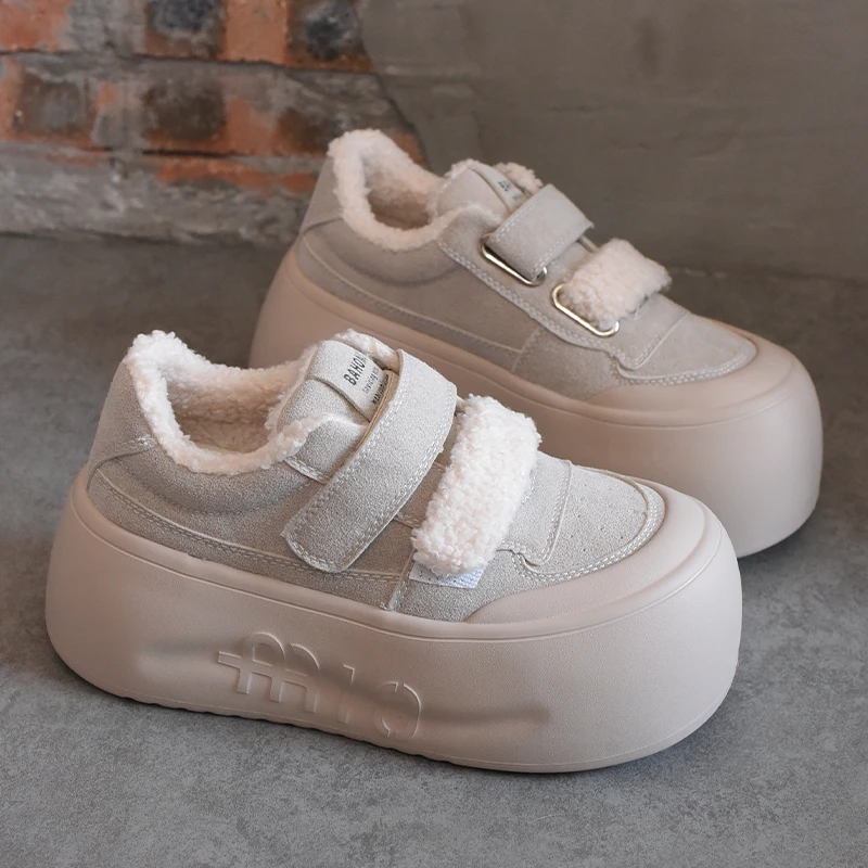 BAHONGLY/栢香妮加绒厚底7cm增高魔术贴小白鞋女2025冬季保暖板鞋