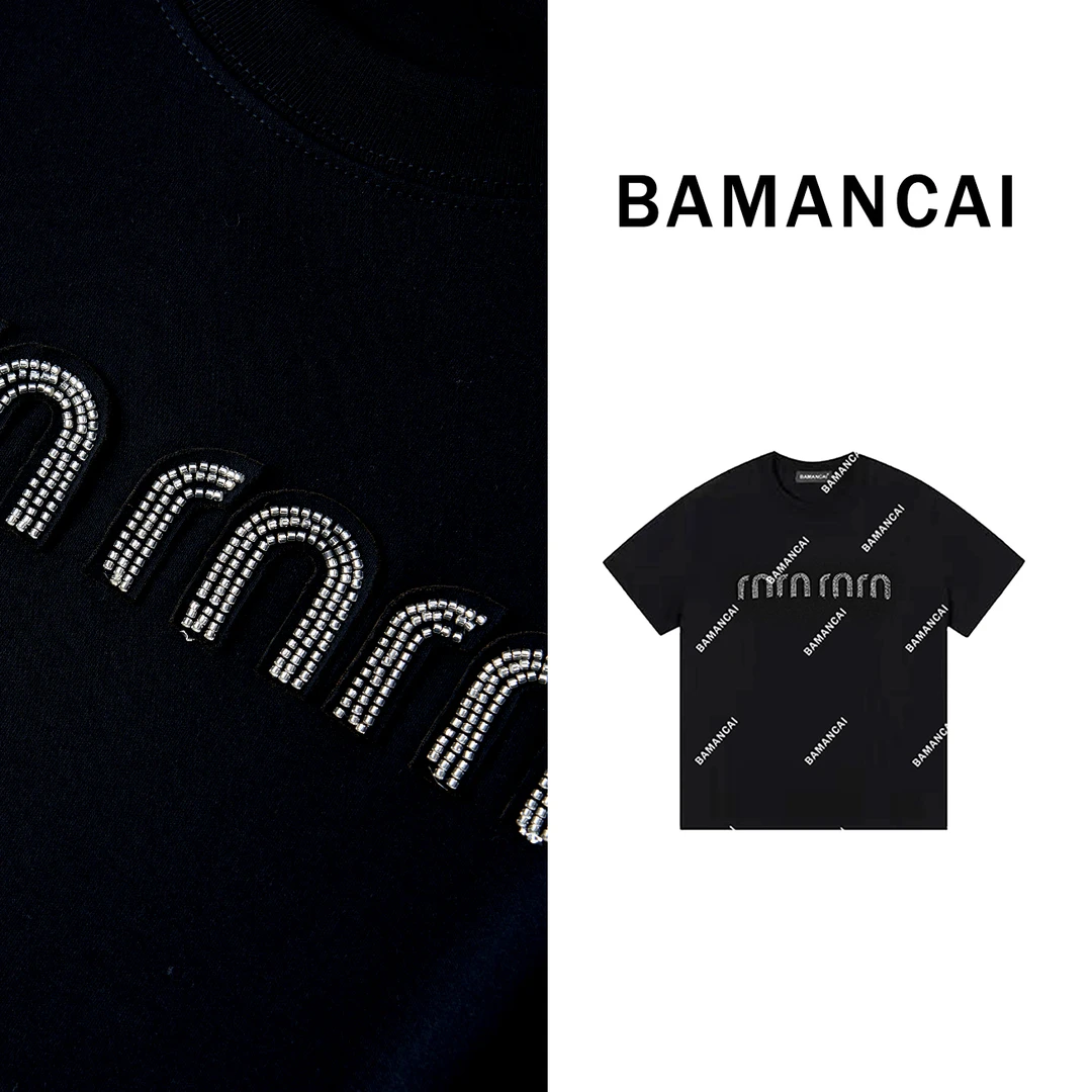 Bamancai-设计感小众轻奢压花字母图案休闲百搭圆领短袖女T恤