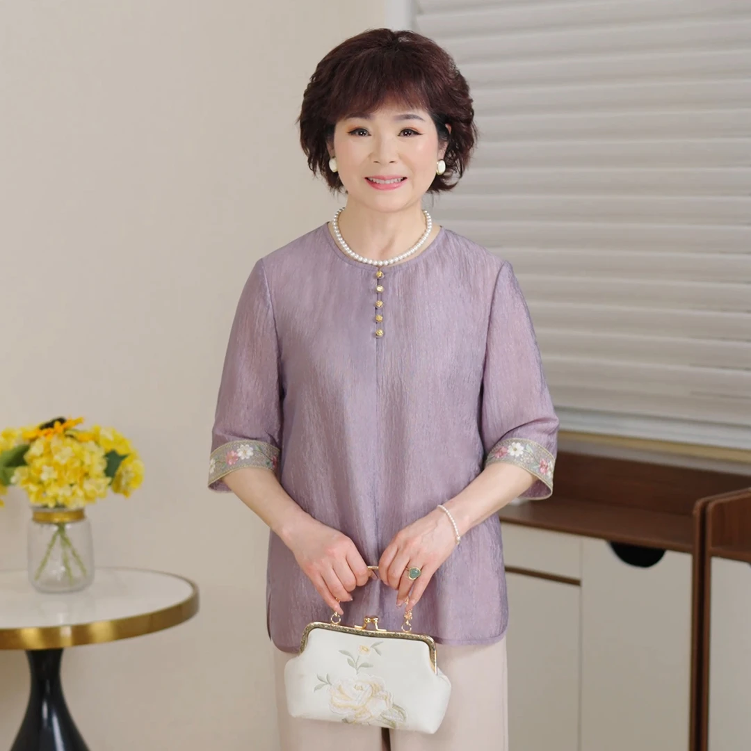 MUYUEZI/中年妈妈夏新款洋气中老年时尚大码新中式绣花上衣套装