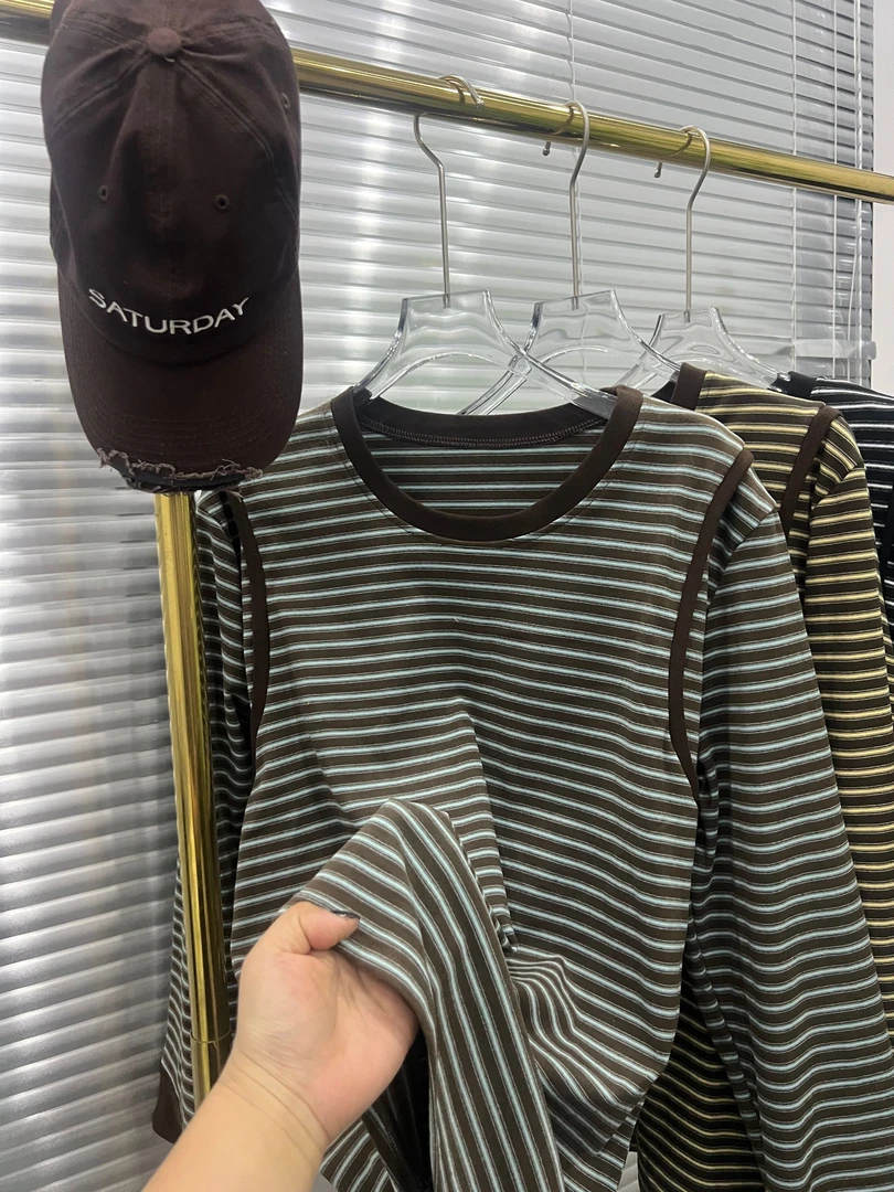 大码女装-6010条纹长袖常规款圆领T恤宽松打底衫韩版百搭