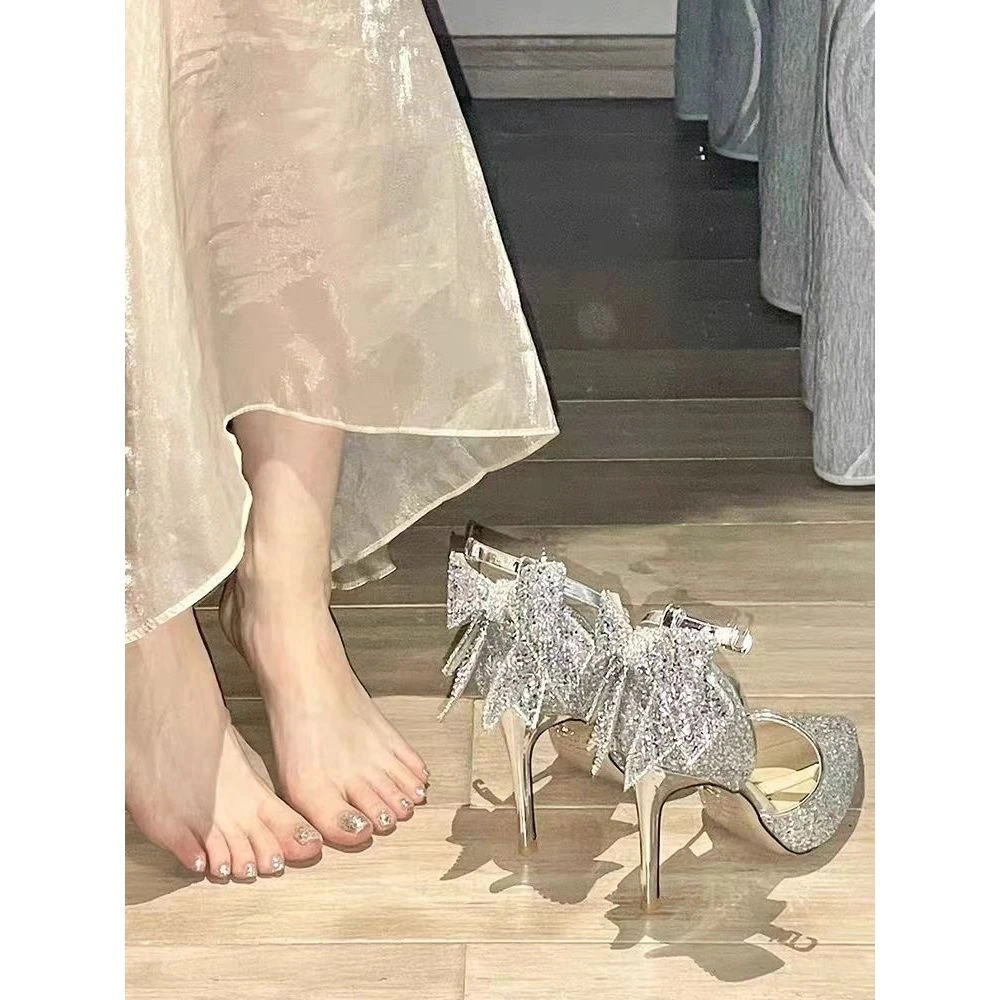 法式主婚纱秀禾两穿新娘婚鞋2025新款水晶亮片伴娘细跟高跟鞋通用