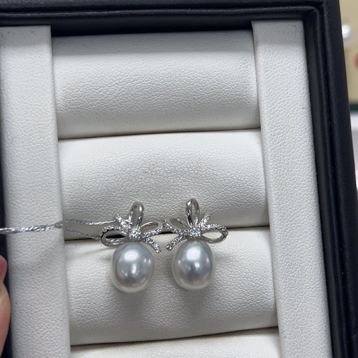 银S925镶嵌海水珍珠耳饰澳白8-8mm22号