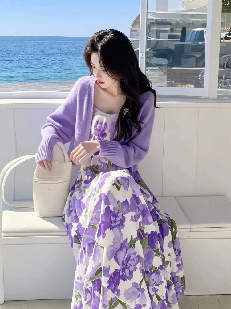 2025春季超火套装独特超好看独特绝美小香风紫色开衫吊带裙两件套