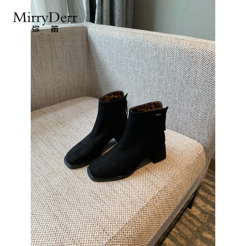 弥笛豹纹短靴女5CM粗跟方头后拉炼显瘦百搭绒面中跟时装靴秋冬