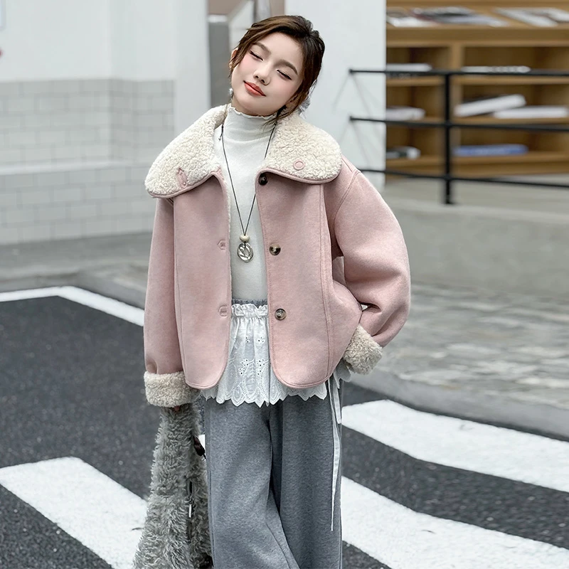 女童外套秋冬装2025新款儿童加厚冬季大童两面穿加绒皮毛一体上衣