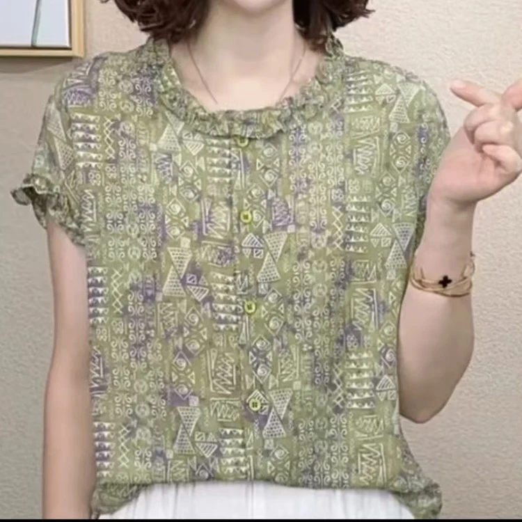 夏季女装衬衫薄款碎花法式休闲刺绣美式衬衣森系短袖减龄显瘦T恤