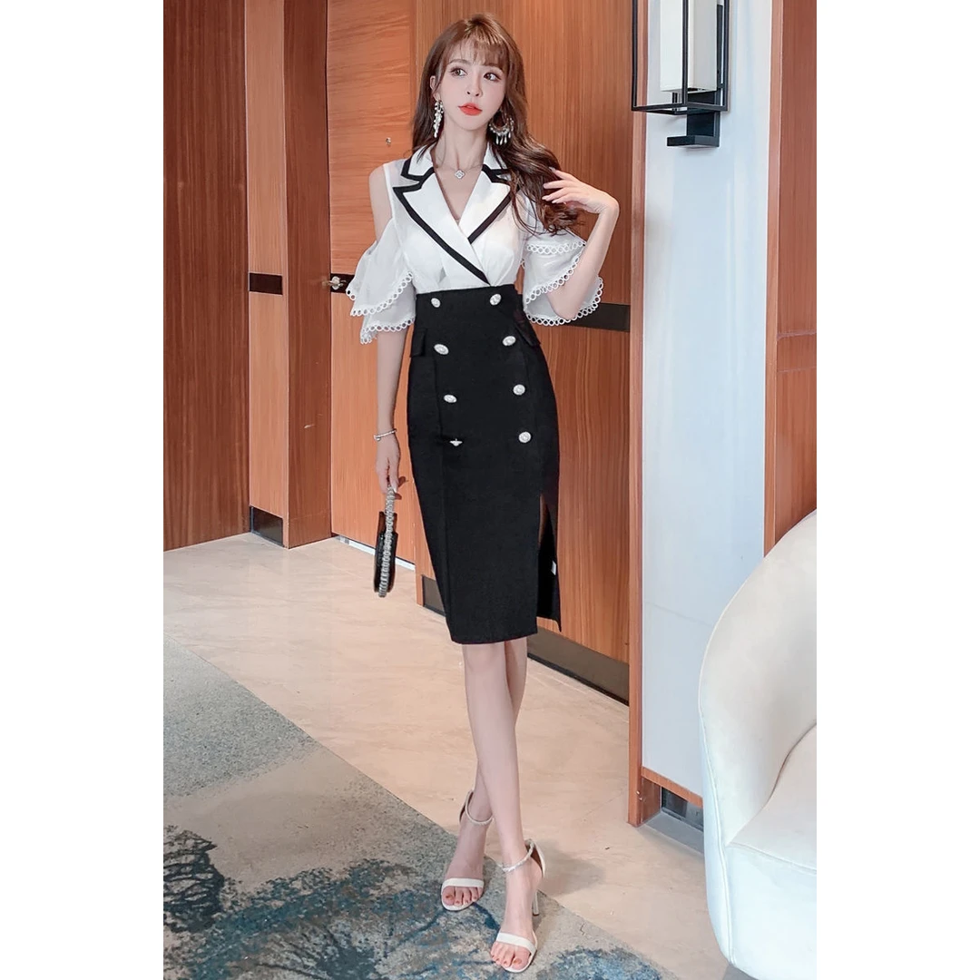 【黑色显瘦】蛋糕袖连衣裙女夏2025新款名媛气质黑白拼接西装领开
