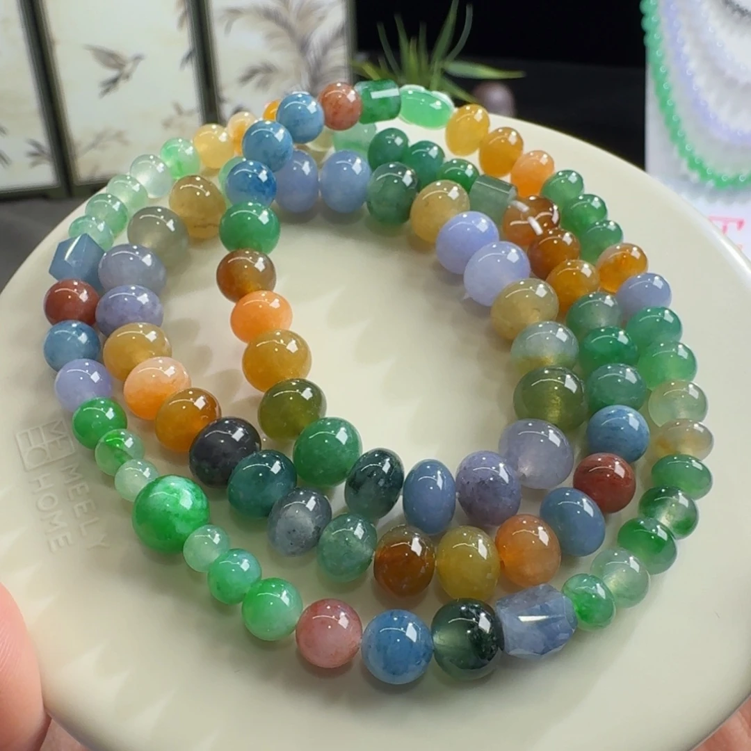 未镶嵌手链翡翠性价比巨高！冰浓彩鼓珠长串