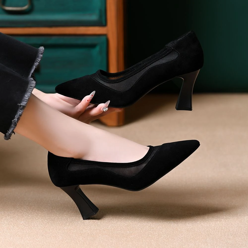 2025年夏新款网纱镂空透气尖头高跟鞋浅口粗跟气质时尚单鞋工作鞋