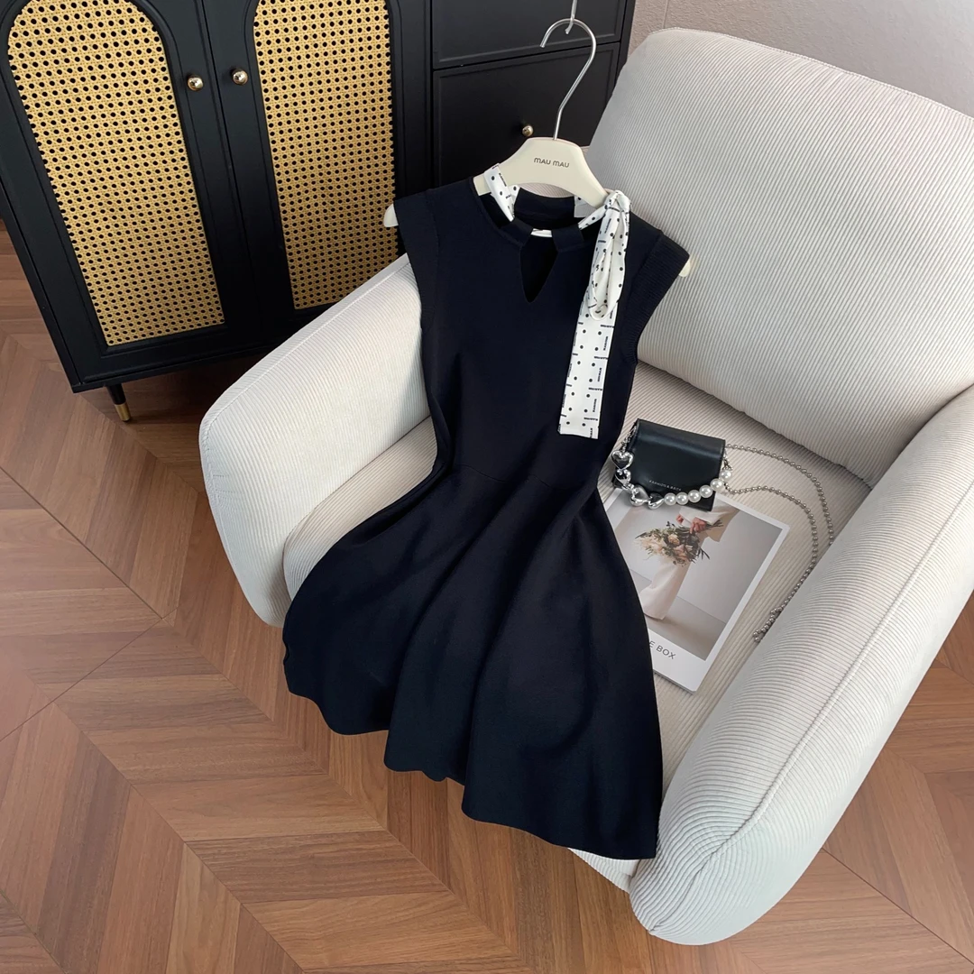 淑女气质针织拼接蝴蝶结系带小黑裙连衣裙夏DY4408