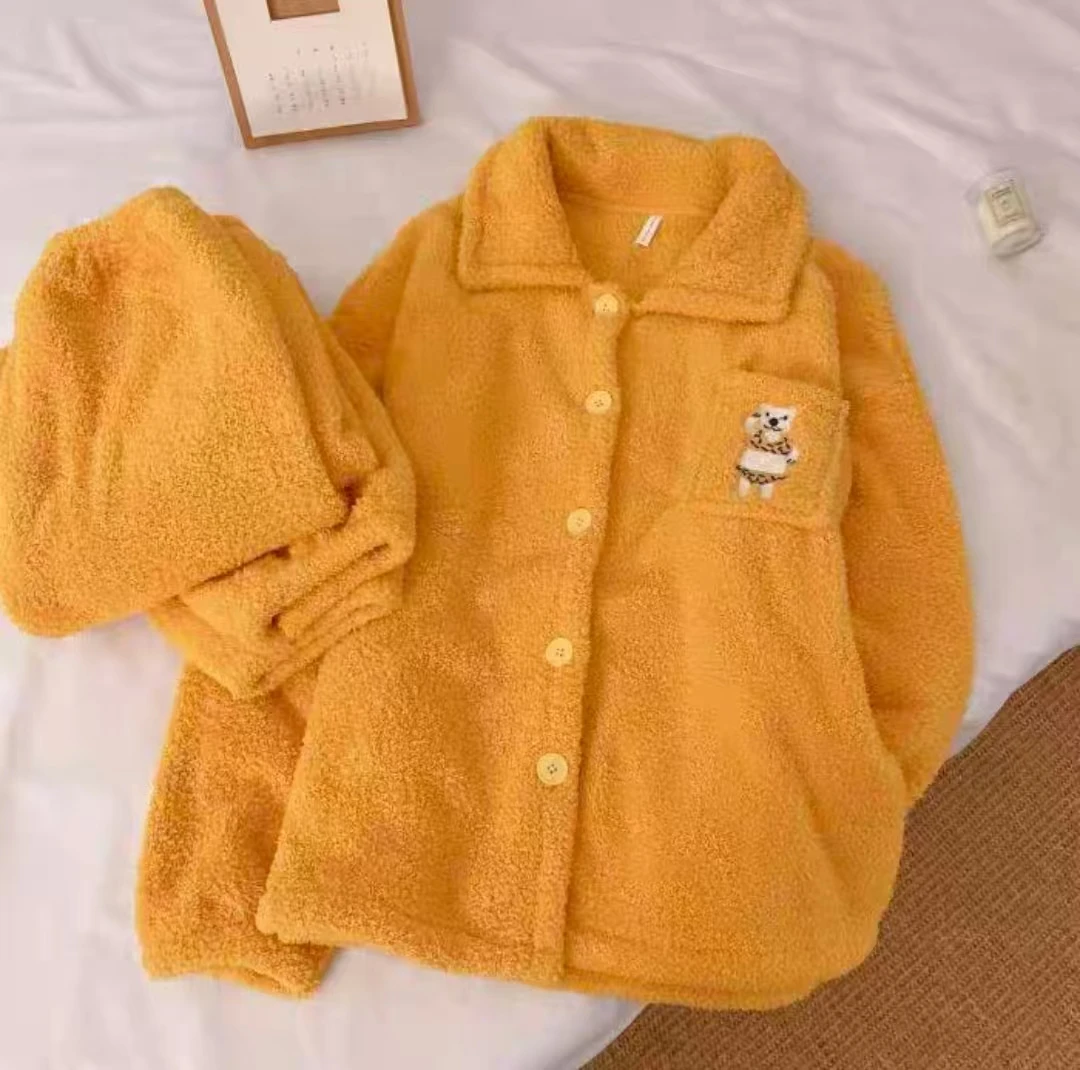 睡衣秋冬季开衫甜美加厚保暖珊瑚绒家居服黄色开衫套装