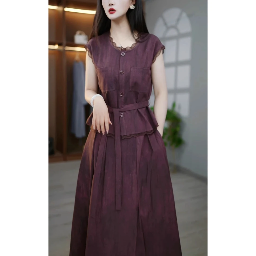 2025夏季新款洋气显瘦设计感蕾丝花边绑带上衣半身裙休闲两件套女