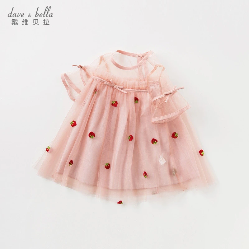 戴维贝拉女童连衣裙2025夏季新款漂亮草莓刺绣网纱裙洋气公主裙