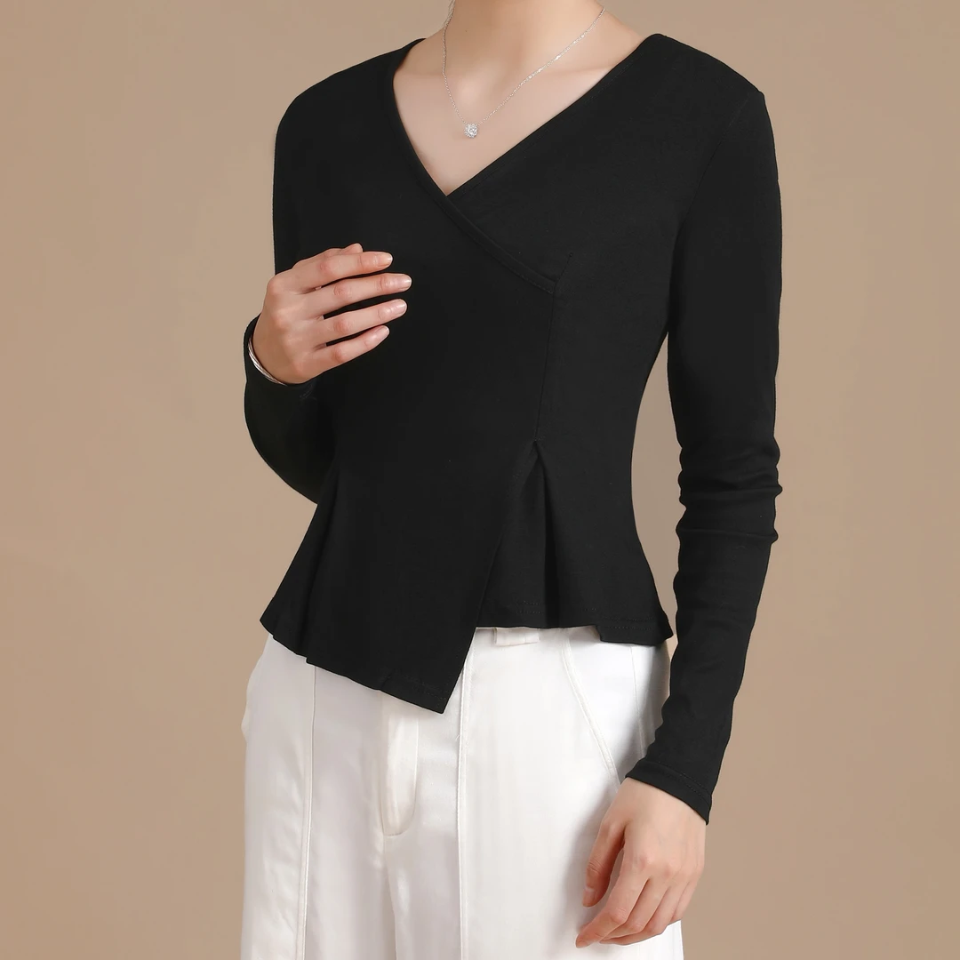 新款上新v领不对称棉短袖2024年春夏秋修身收腰显瘦简约t恤女