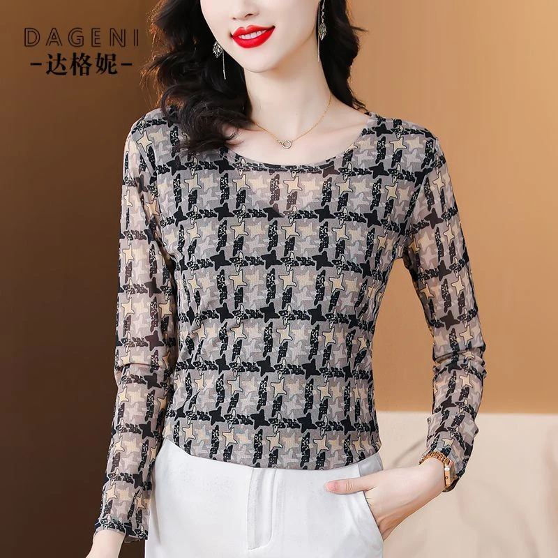 印花网纱长袖打底衫女2025年春季新款修身显瘦大码蕾丝上衣女