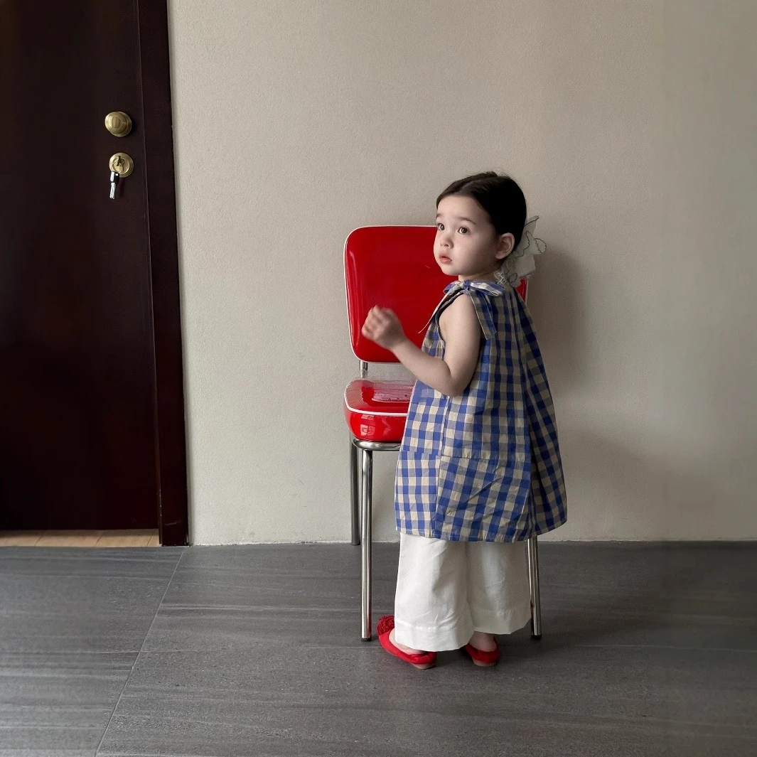 蓝格子连衣裙白色阔腿裤洋气2025夏季新款女童韩系格子复古休闲潮