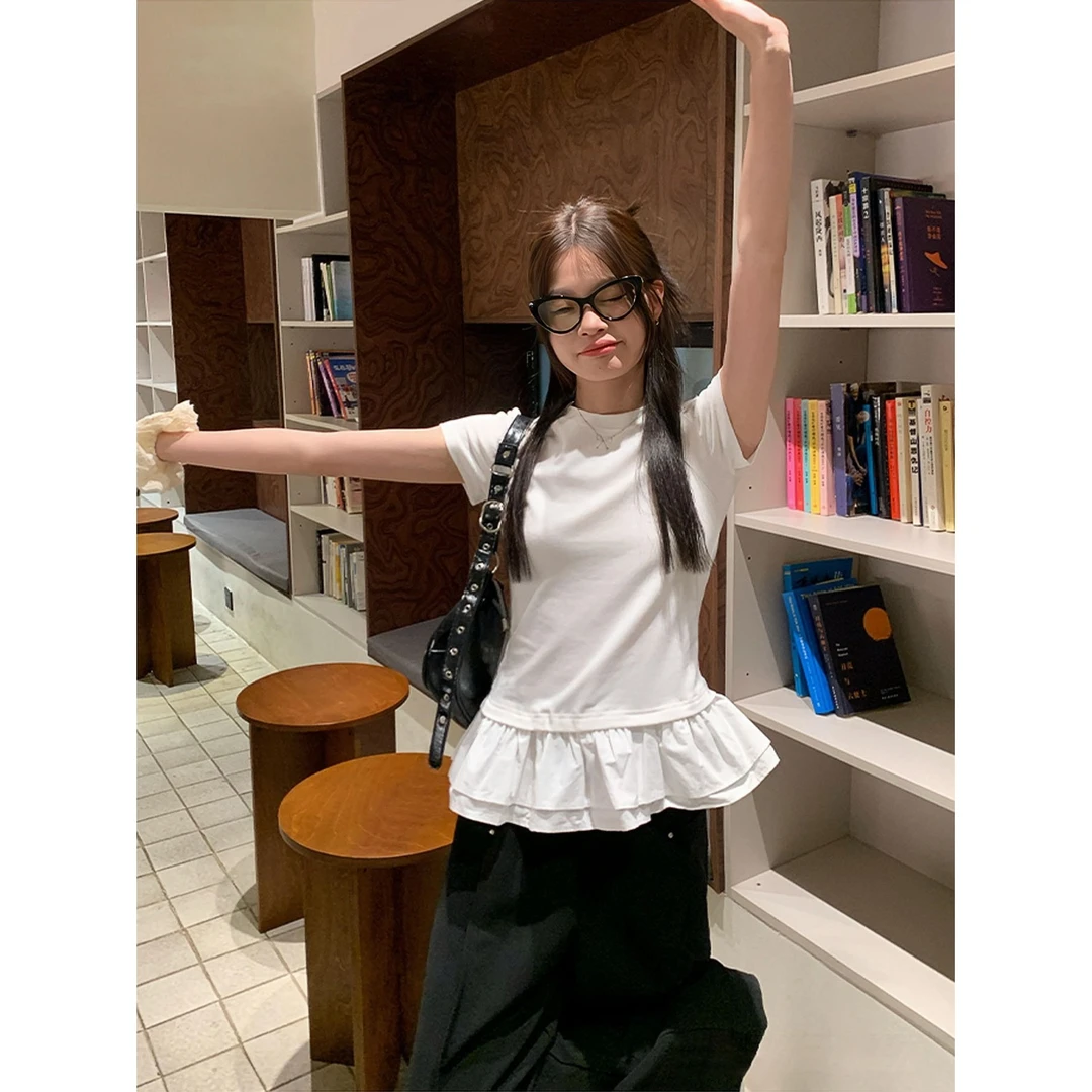 女生开春衣服正肩t恤女假两件韩版时尚洋气时尚修身显瘦短袖上衣