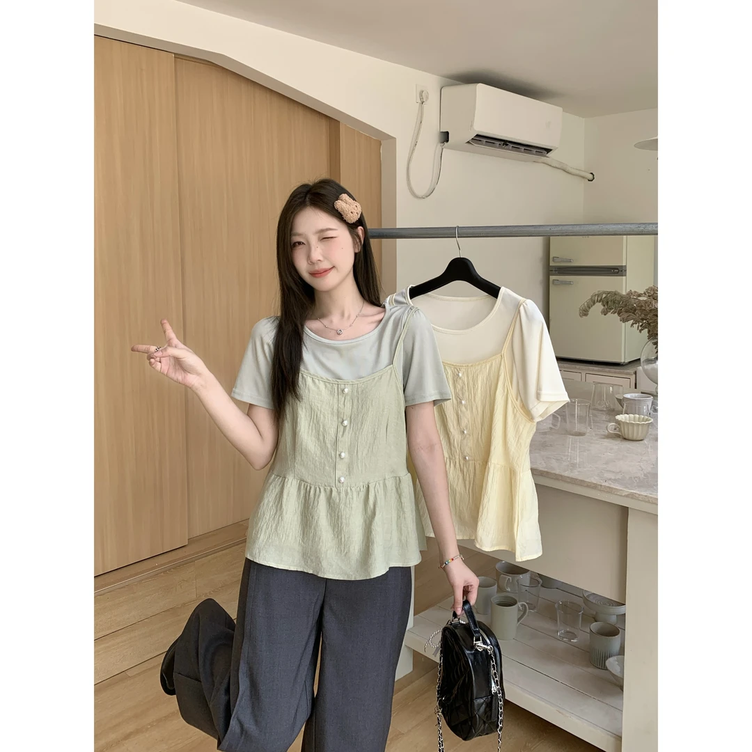 清2025夏装新款大码女小清新叠穿吊带圆领内搭T恤韩系两件套64517