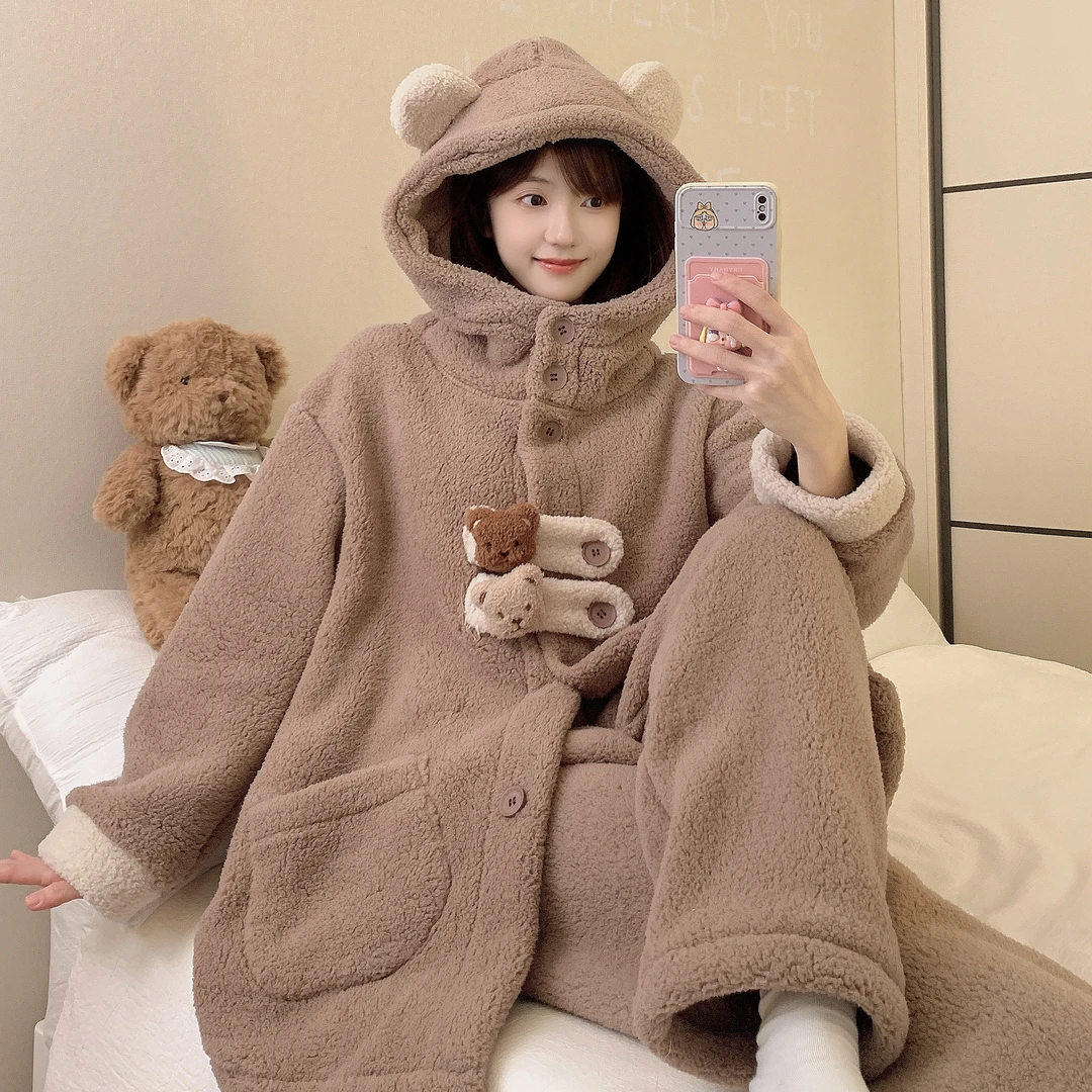 （羊羔绒）韩版甜美连帽加厚睡衣女套装冬季保暖大码珊瑚绒家居服