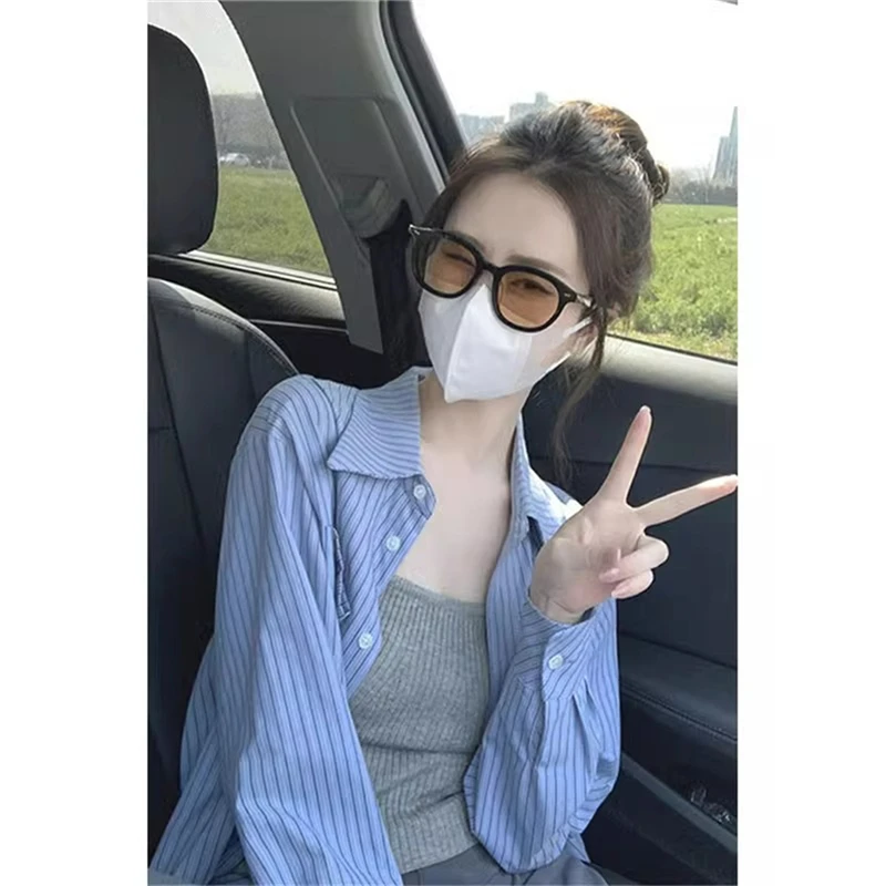 秋季新款蓝色条纹宽松短款外套女休闲设计感防晒长袖