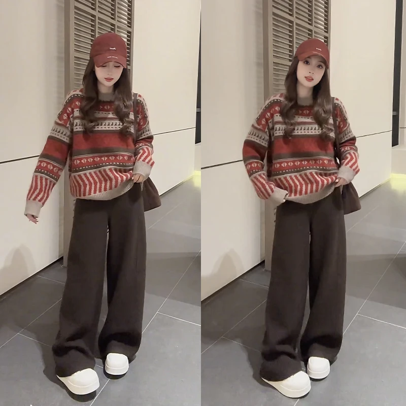 复古穿搭一整套女2026春季新款时尚洋气减龄费尔岛毛衣裤子两件套