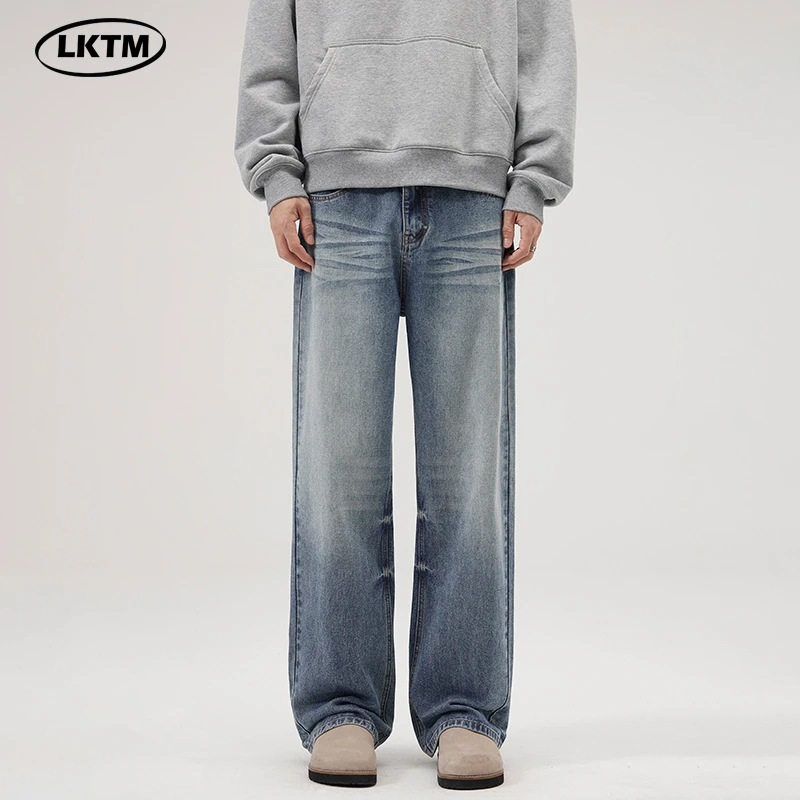 LKTM男装#美式复古水洗阔腿蓝色牛仔裤男女潮流百搭宽松直筒裤子
