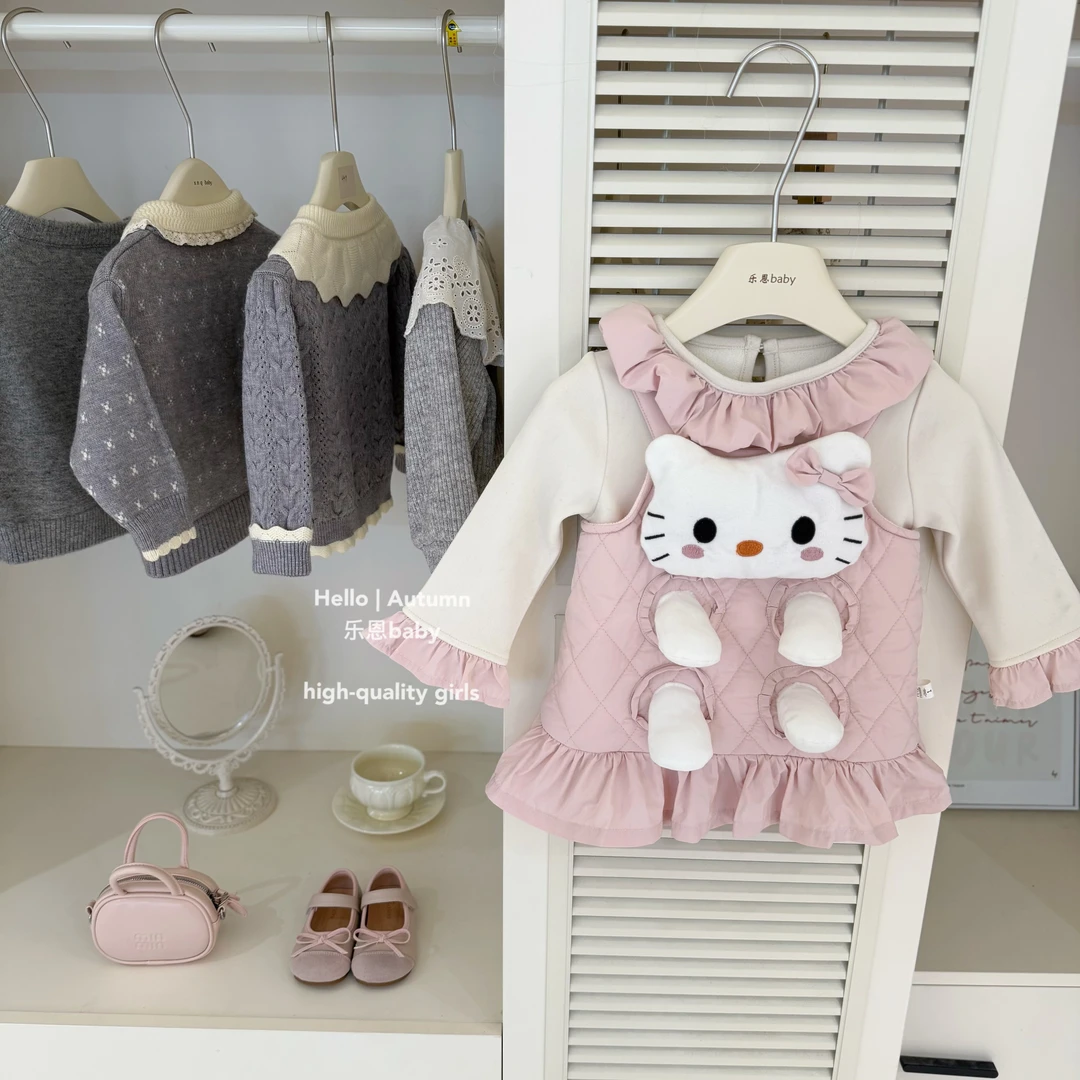 【乐恩童装】原创设计秋冬女童米拼粉加绒打底衫立体KT加绒裙套装