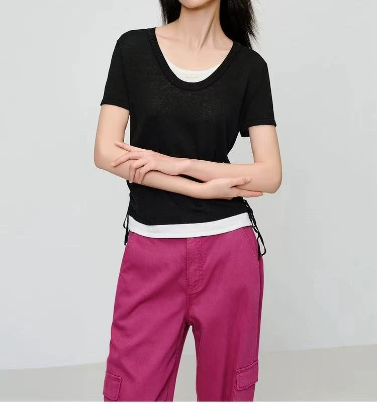 【雅】衣长57，2025夏季新款亚麻混纺落肩抽绳圆领T恤针织上衣-5029