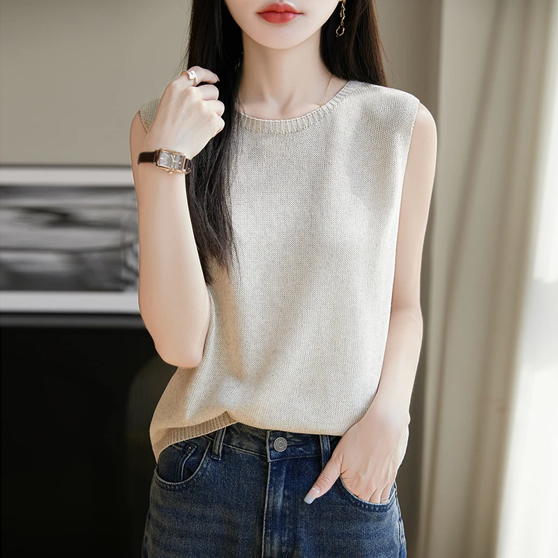 透气亚麻圆领针织女夏薄外穿显瘦莱赛尔天丝无袖叠穿上衣女款背心