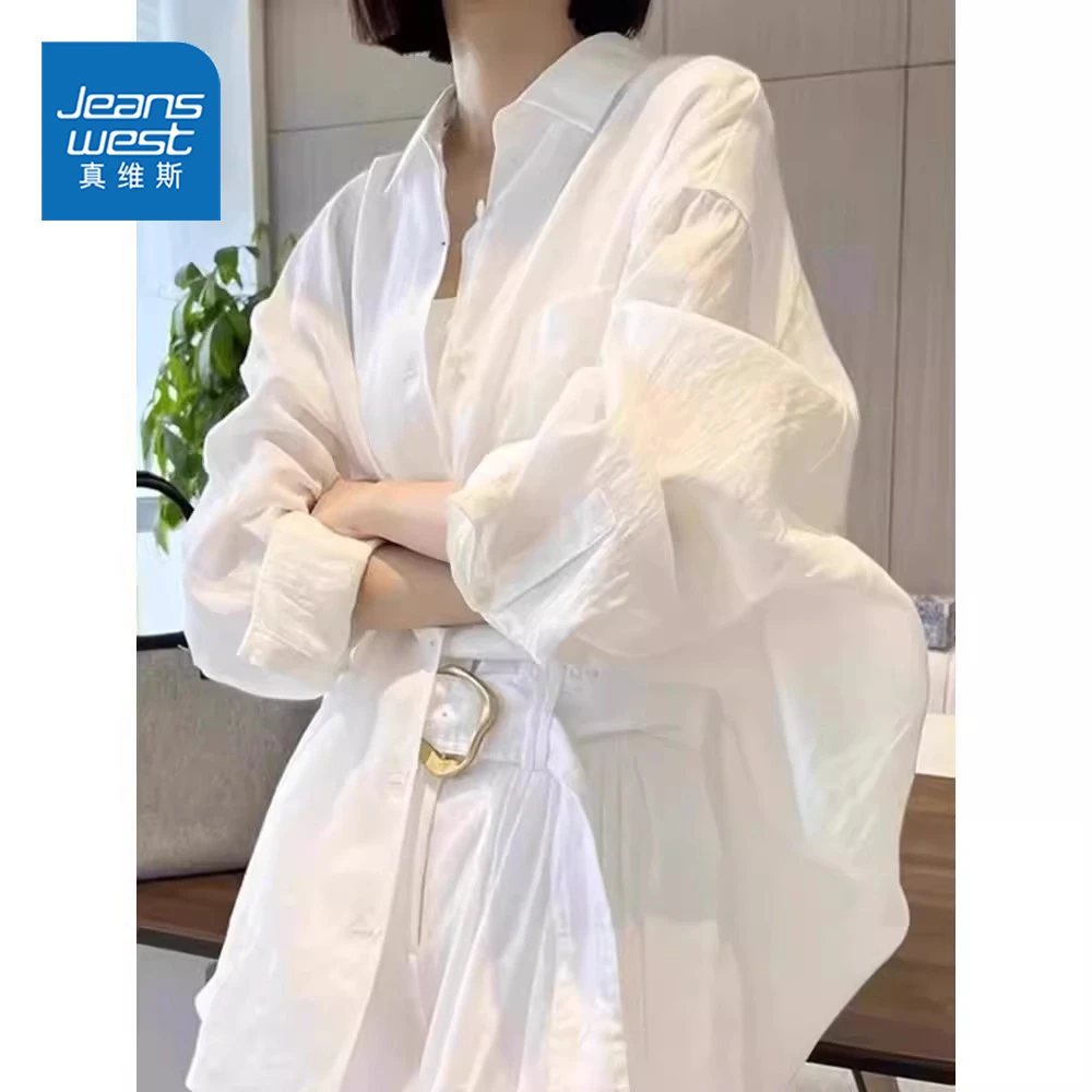 真维斯白色长袖衬衫女夏季薄款2025新款休闲宽松防晒罩衫开衫衬衣