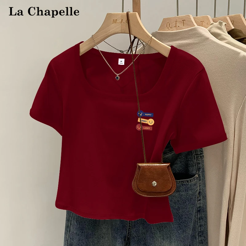 拉夏贝尔方领短袖t恤女夏季2025新款纯欲美式酒红修身辣妹短上衣X