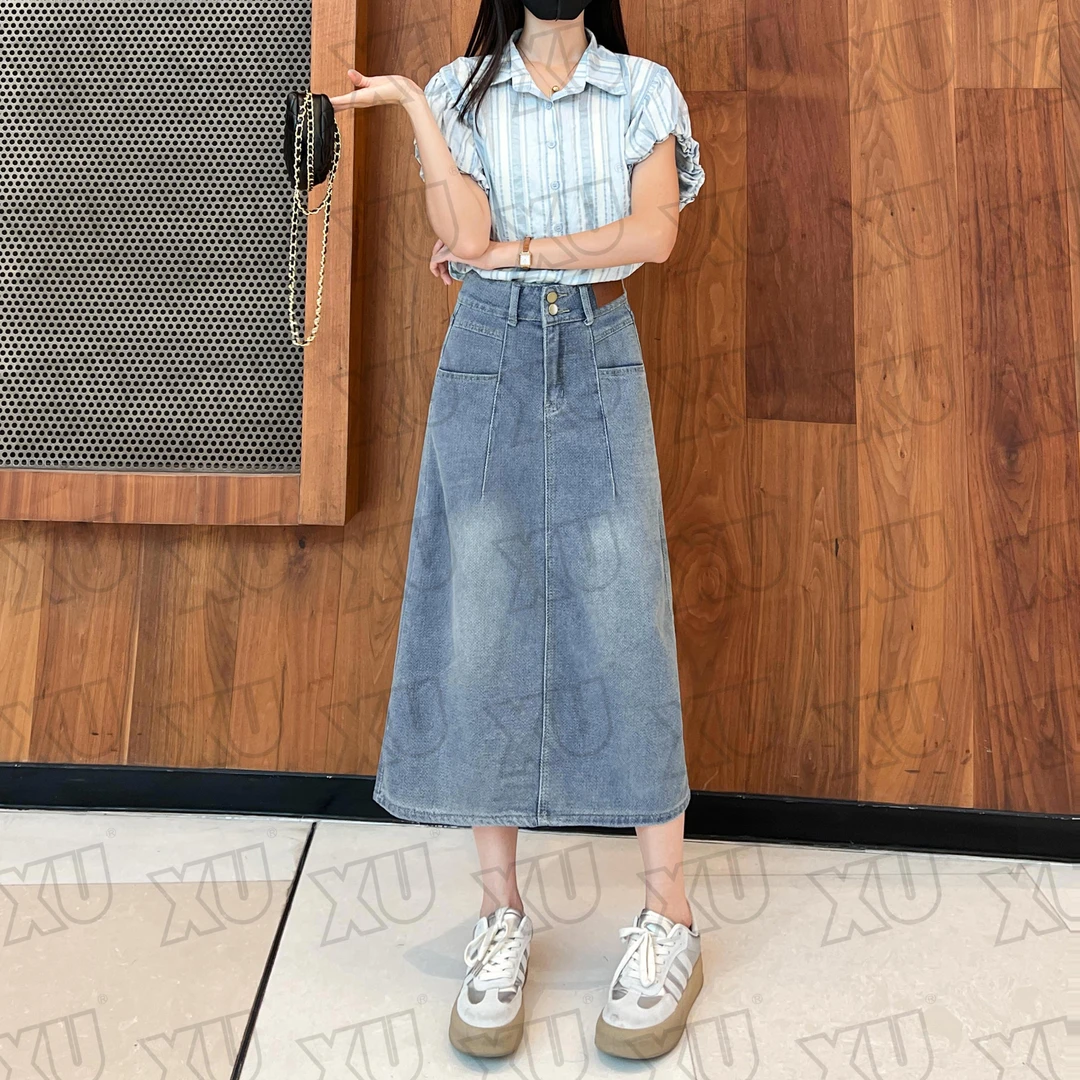 星空纹高腰开叉牛仔半身裙女夏季新款遮胯包臀裙子74 Q