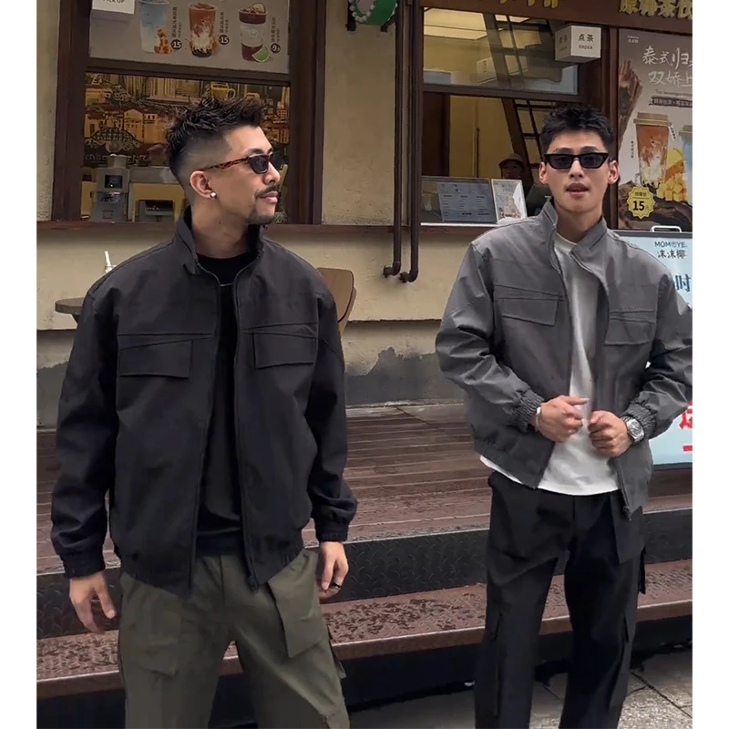美式cleanfit短款工装夹克高级感痞帅立领正肩外套男秋季运动上衣